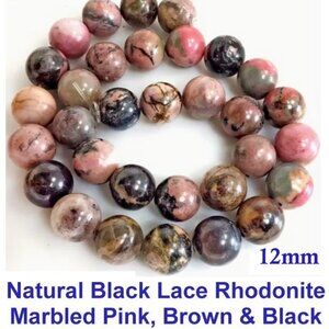 Natural Black Lace Rhodonite Stone - Marbled Pink, Brown & Black  12mm 15"
